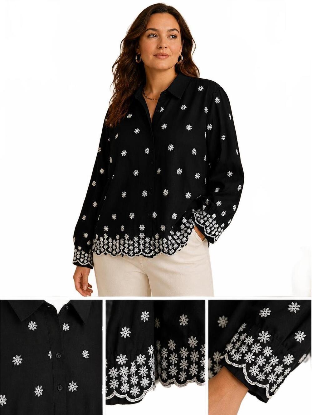 Adiva Black White Floral Embroidered Cotton Blouse Women Plus 1X NWT